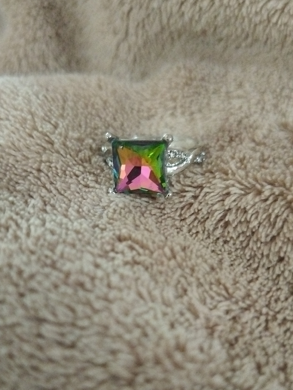 Mystic Topaz Square Solitaire Ring in Green-Pink Size 8